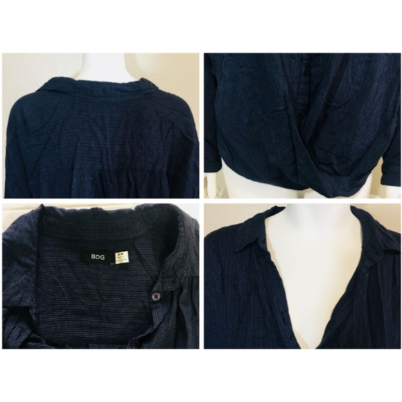 BDG Medium Shirt Navy Blue Micro Stripe Blouse Hem - Picture 8 of 8
